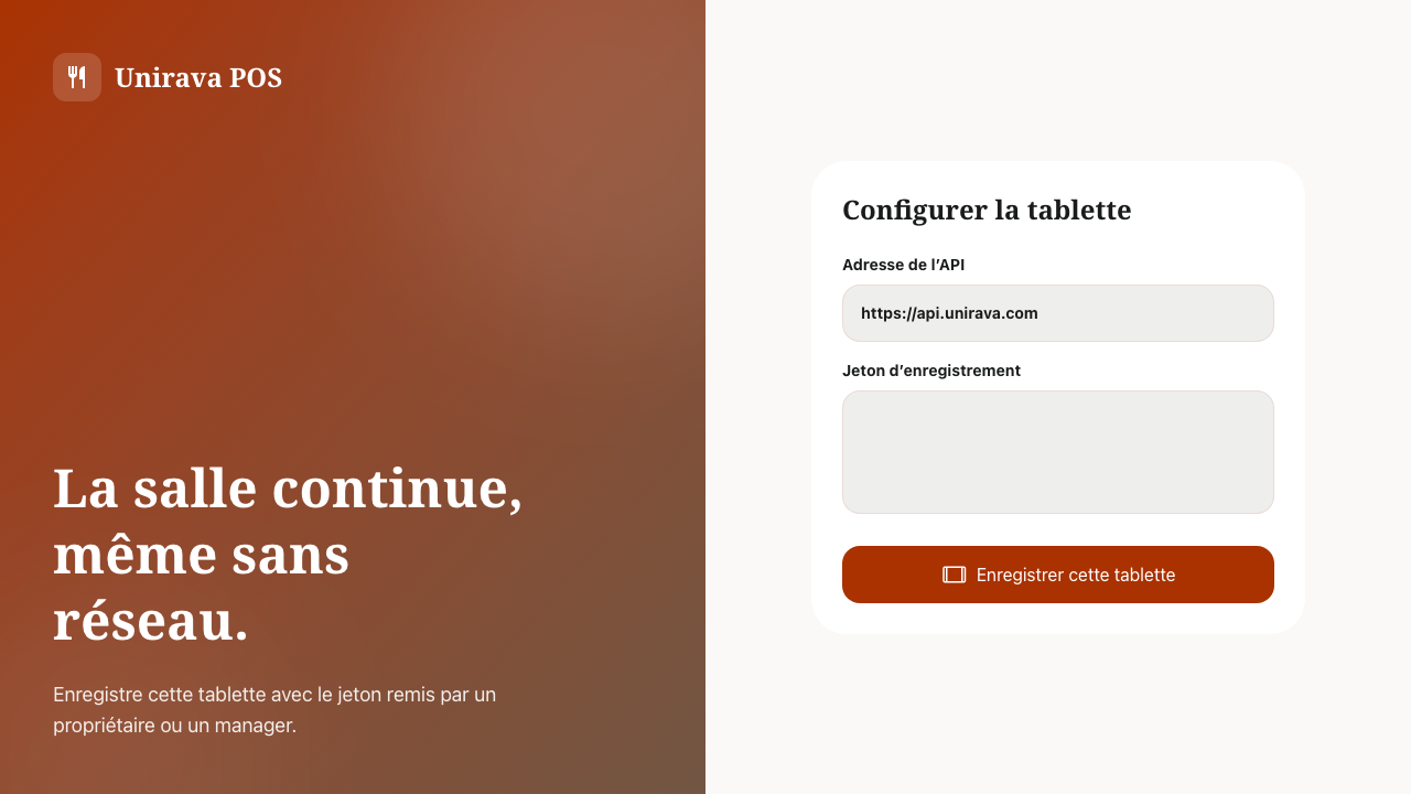 Écran de configuration de la tablette dans Unirava Caisse