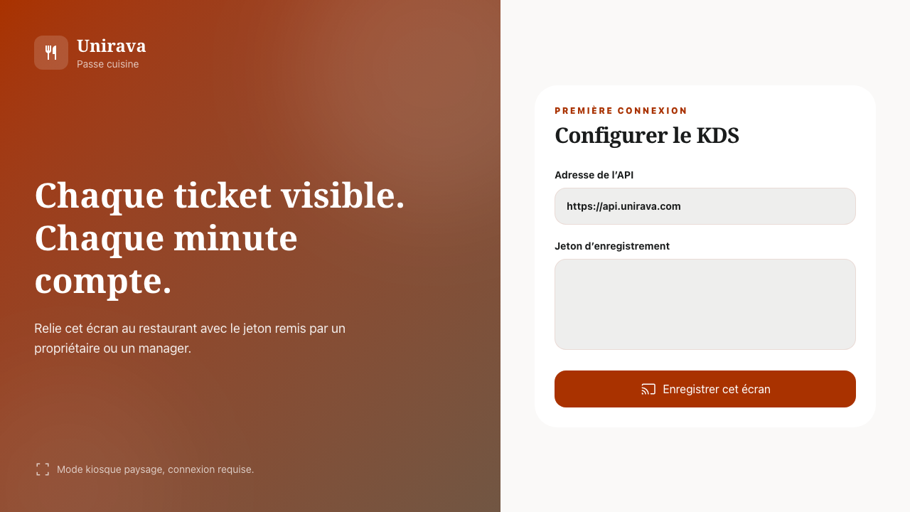 Écran de première configuration Unirava Cuisine