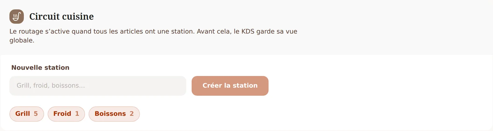 Bloc Circuit cuisine du menu avec le champ Nouvelle station et trois stations : Grill 5, Froid 1, Boissons 2