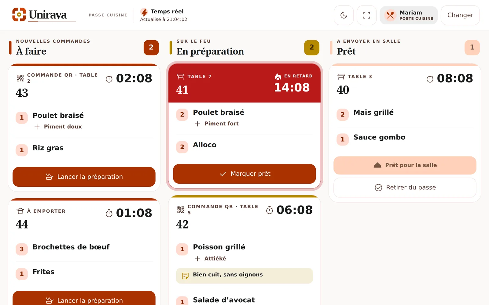 Passe cuisine en mode clair avec l’indicateur Temps réel en haut à gauche