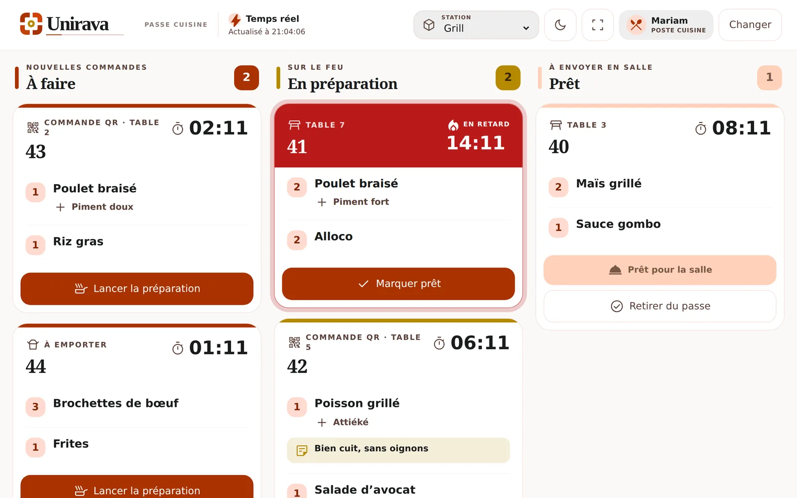 Passe cuisine avec le sélecteur Station réglé sur Grill en haut de l’écran