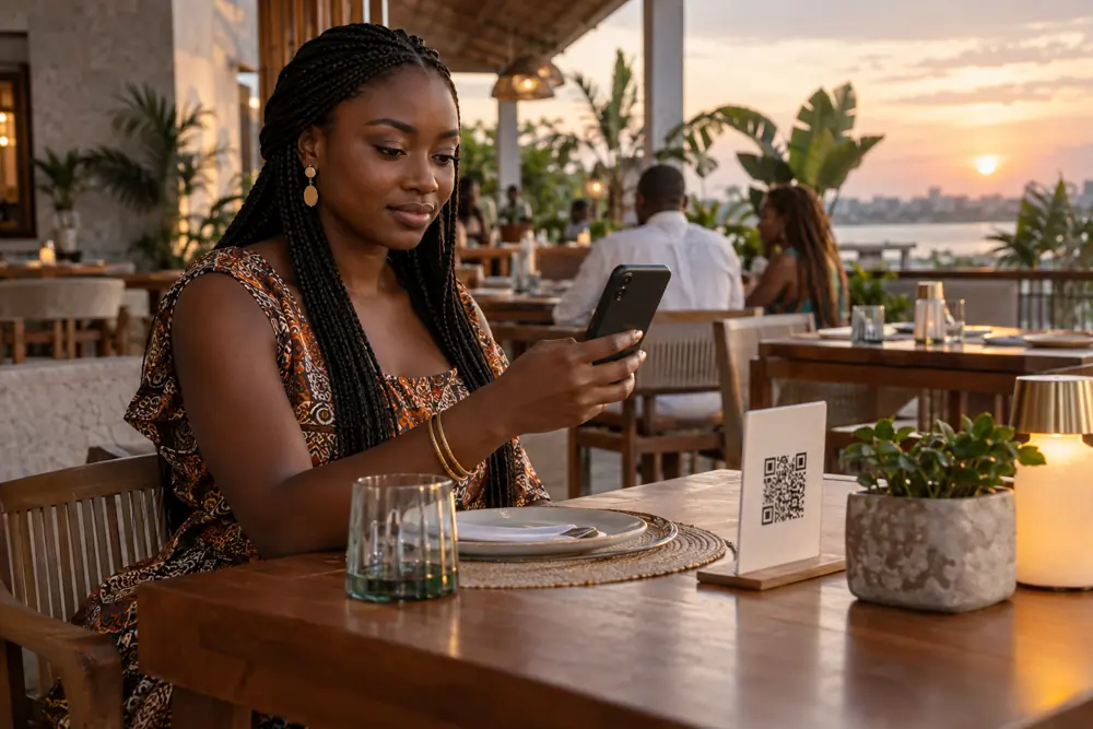 Une cliente consulte le site d'un restaurant sur son téléphone