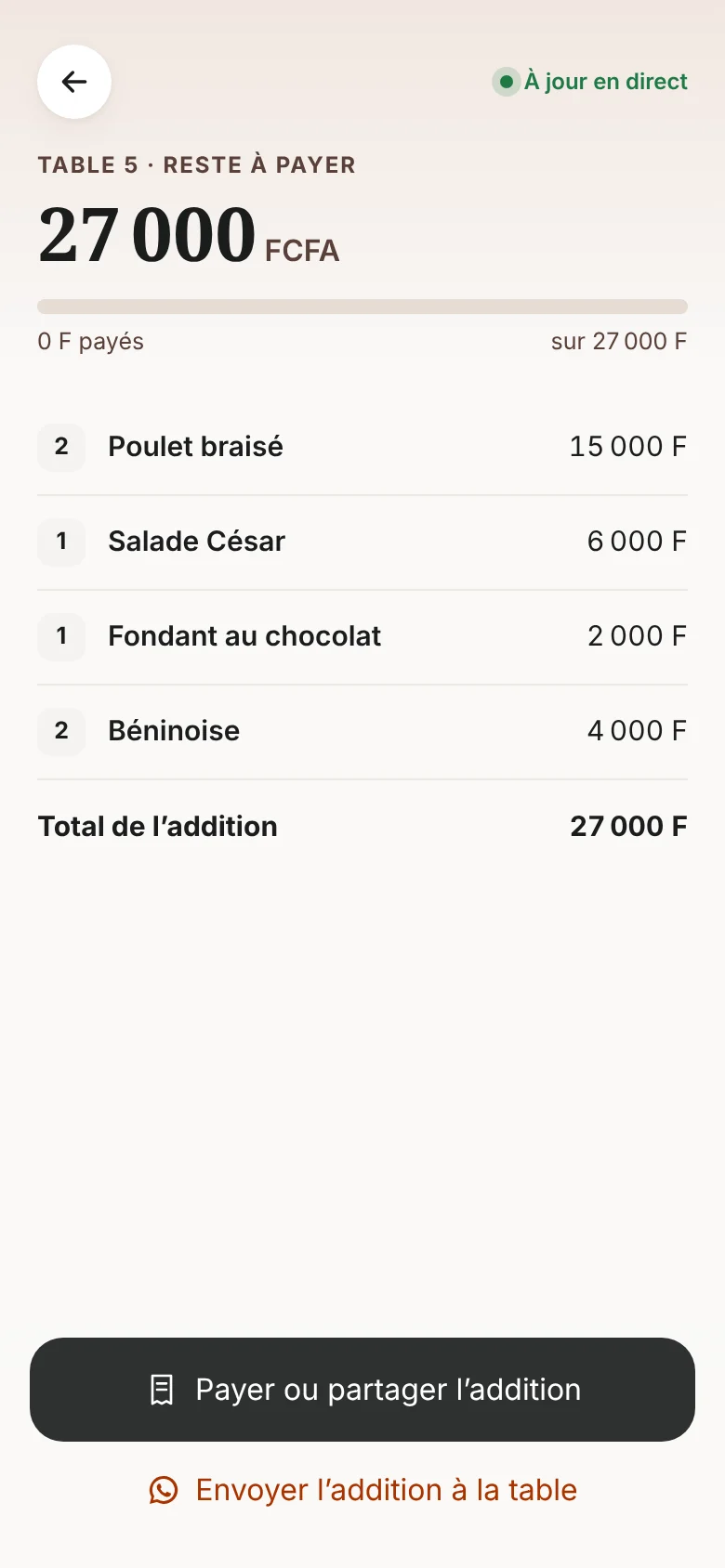 L'addition de la table 5 sur le téléphone d'un client de Resto du coin