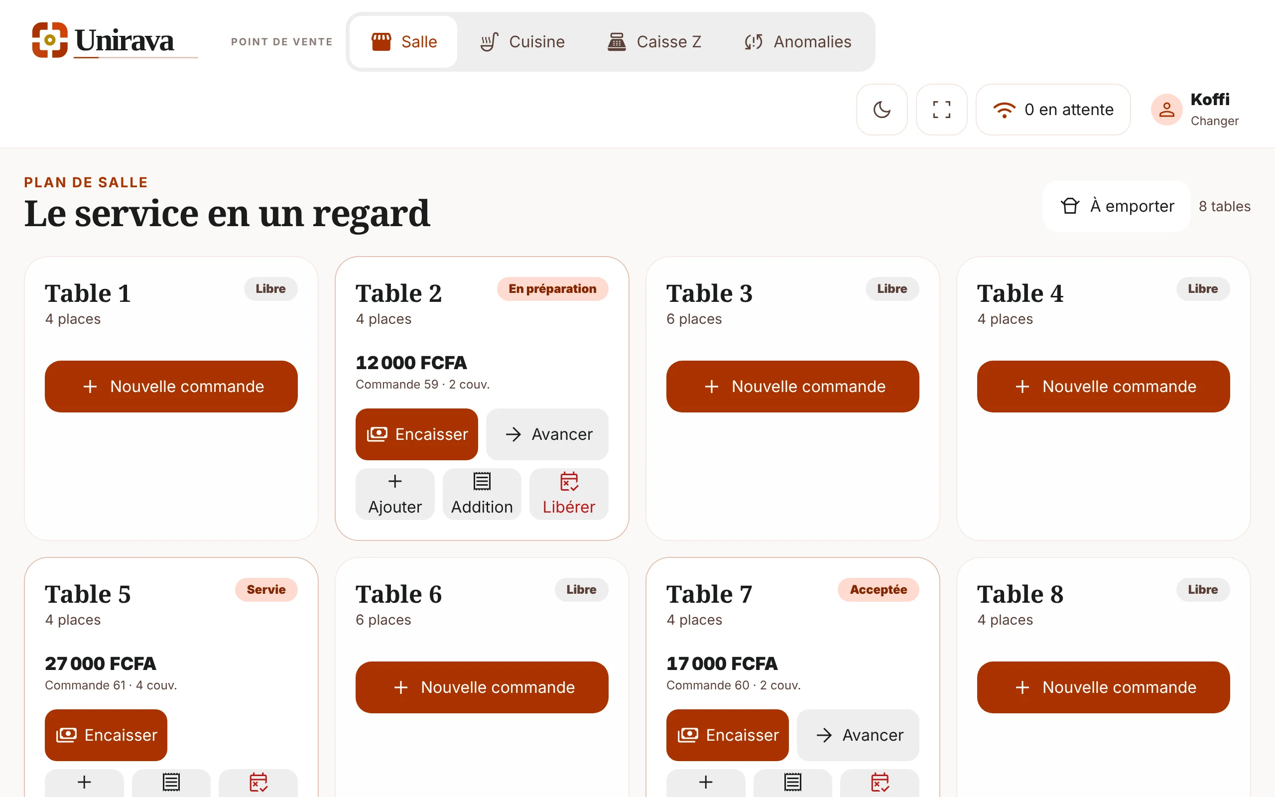 Le plan de salle de la caisse Unirava au Resto du coin