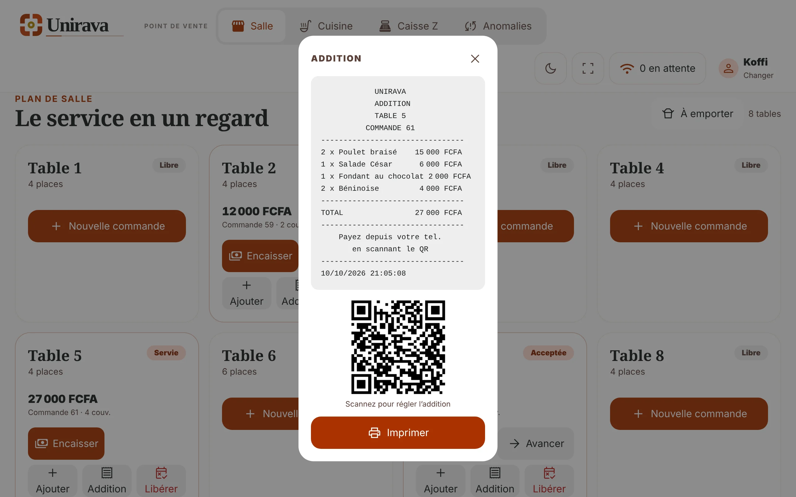 La caisse Unirava affiche le ticket d'addition de la table 5 avec son QR code