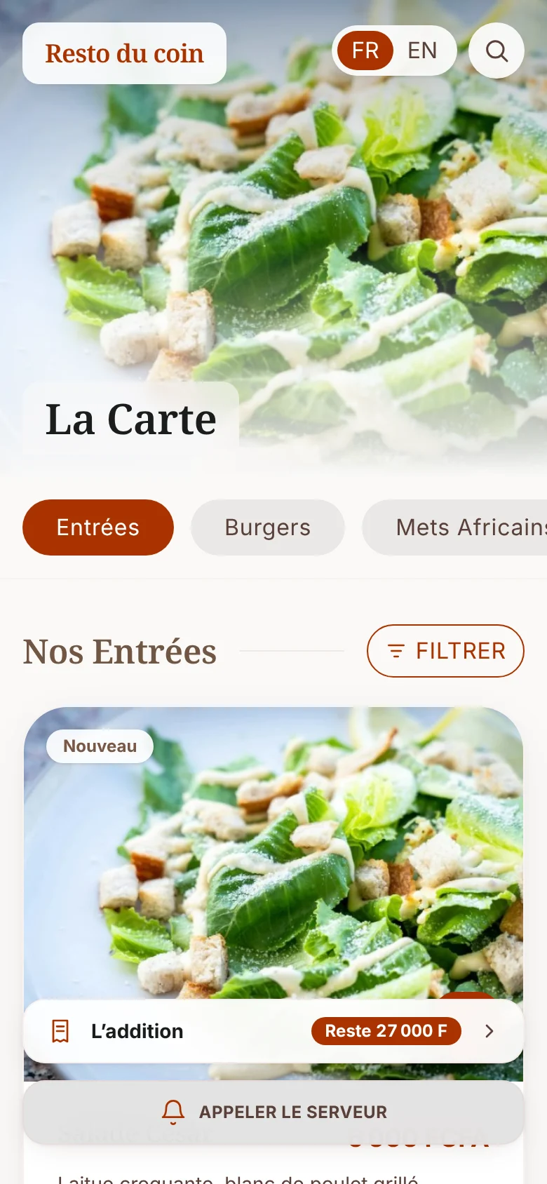La carte de Resto du coin ouverte à la table 5, sur le téléphone d'un client
