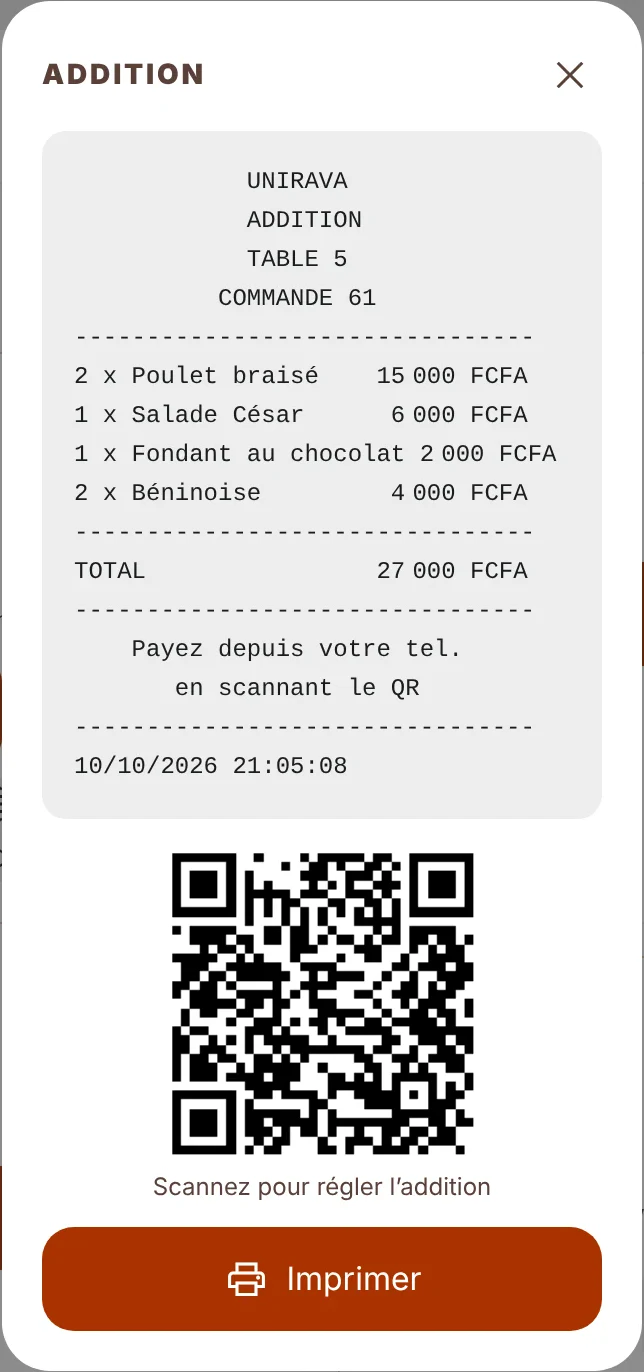 Le ticket d'addition imprimé par la caisse, avec son QR code de paiement