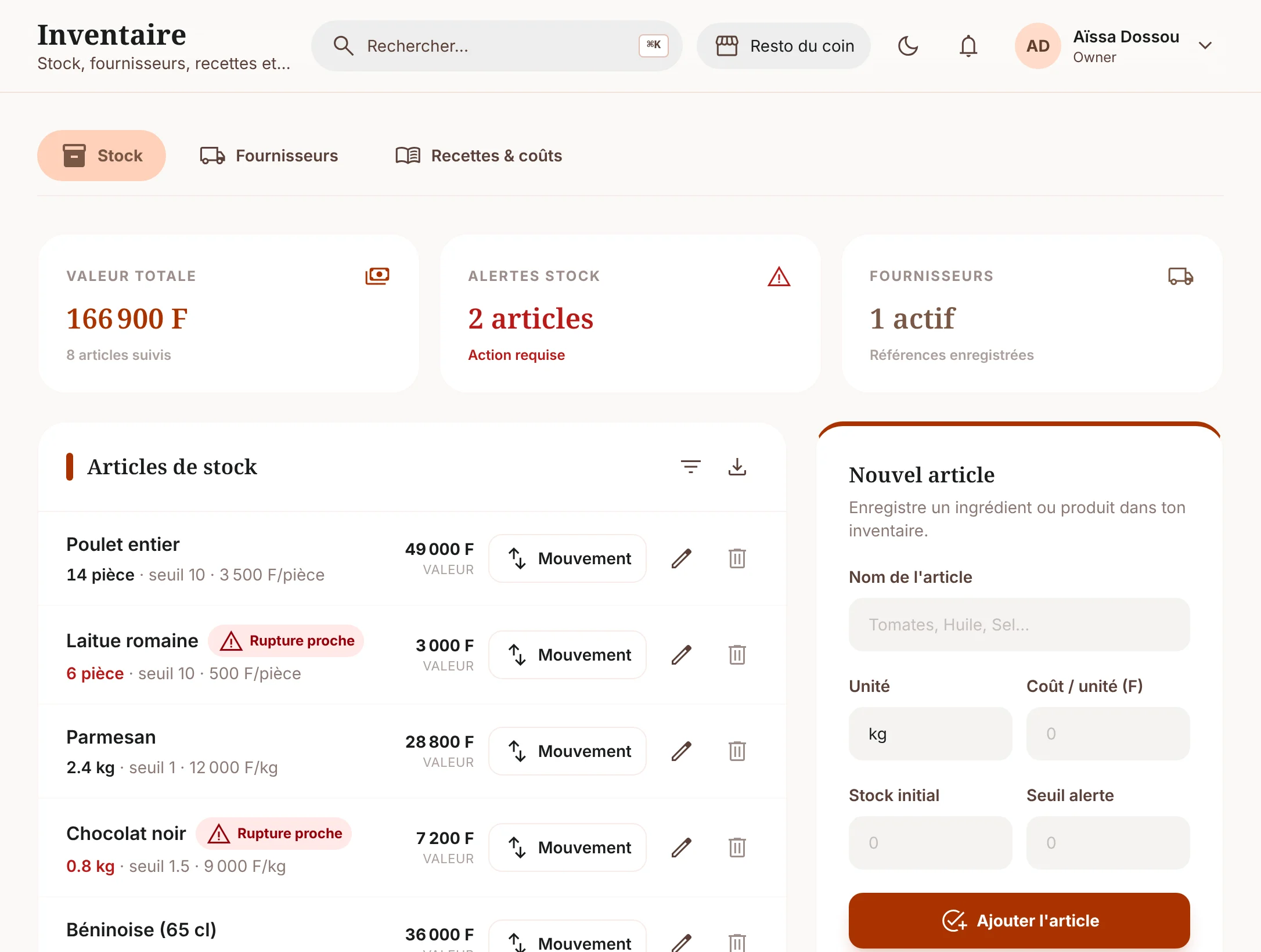Le stock du Resto du coin et ses alertes de rupture